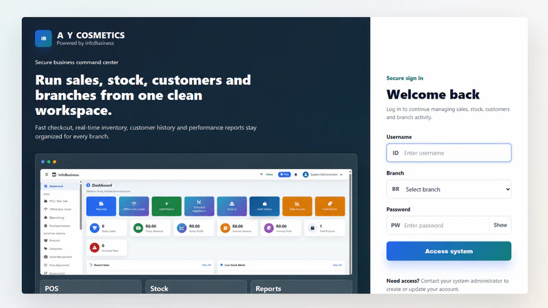 AY Cosmetics InfoBusiness login page preview