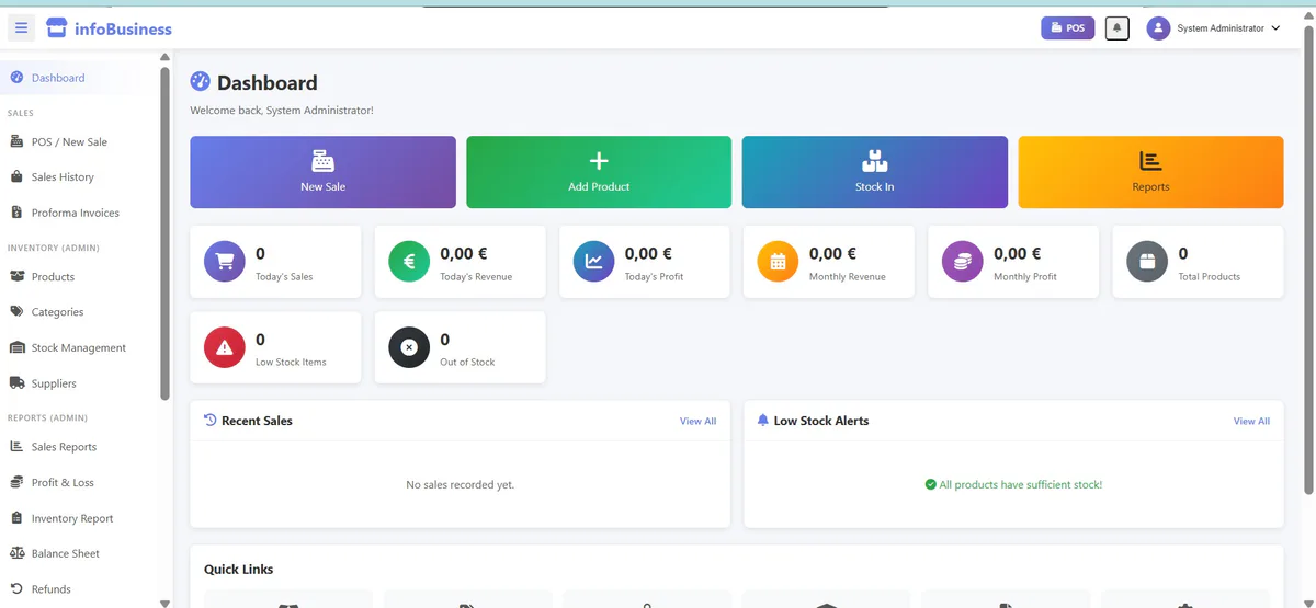 InfoBusiness POS dashboard showing sales, inventory, reports, and stock alerts