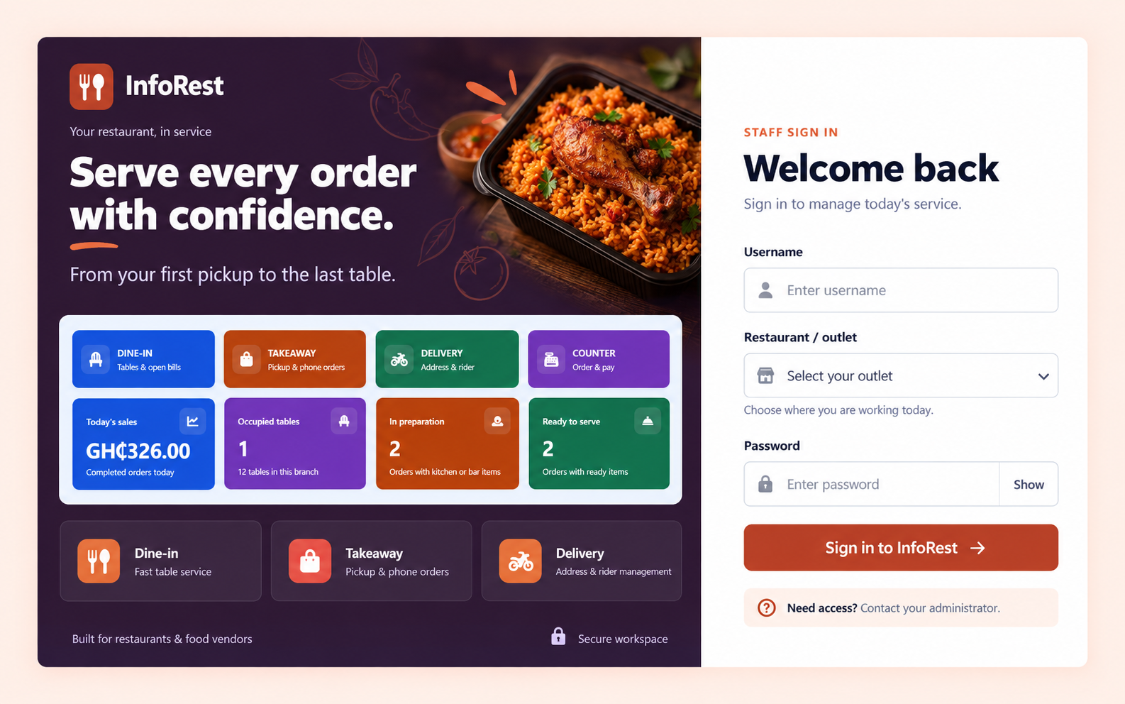 InfoRest product preview: staff sign-in alongside dine-in, takeaway, delivery and counter service, with an example restaurant dashboard.